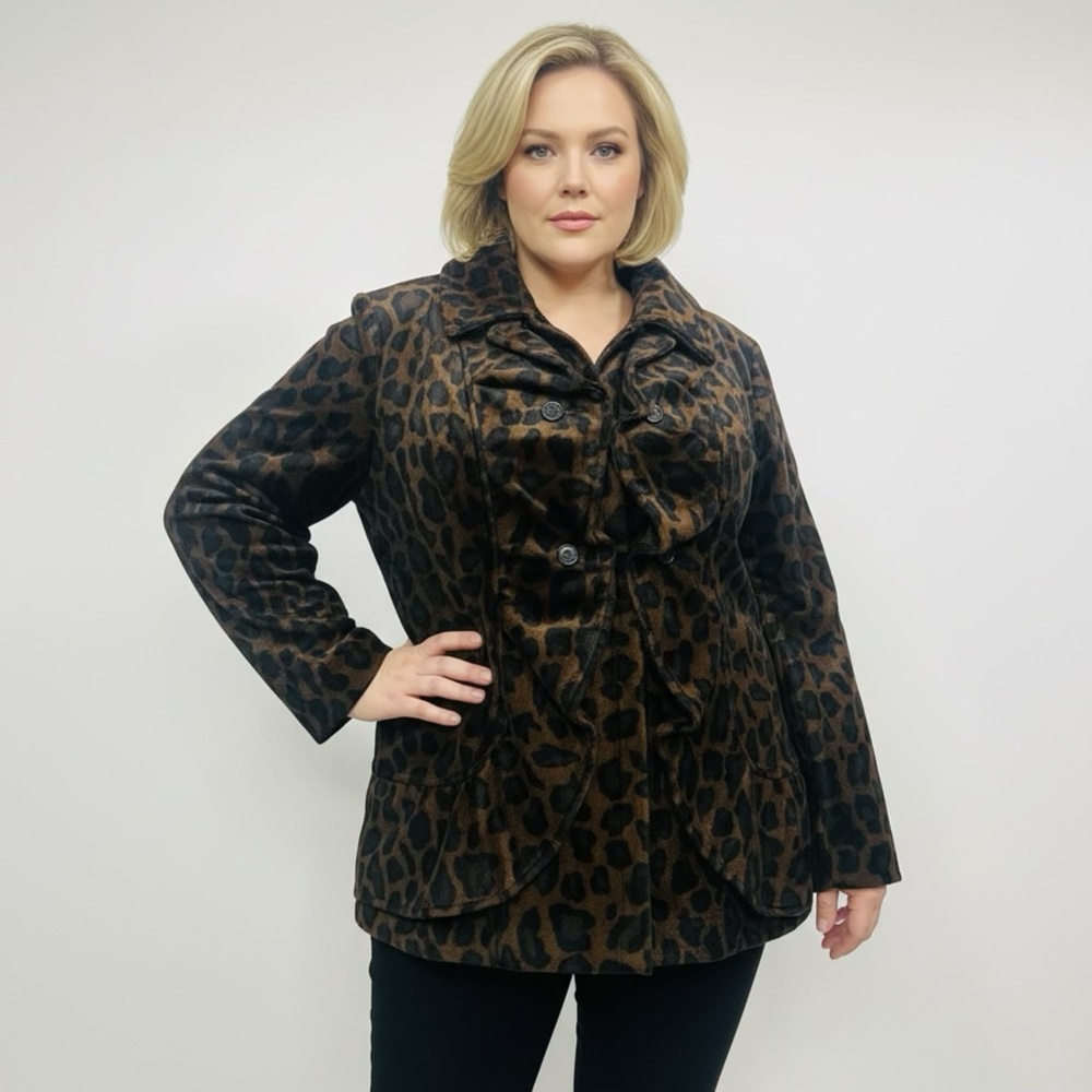 INC International Concepts Brown Leopard Teddy Jacket‎ Zip Up Plus Size Women